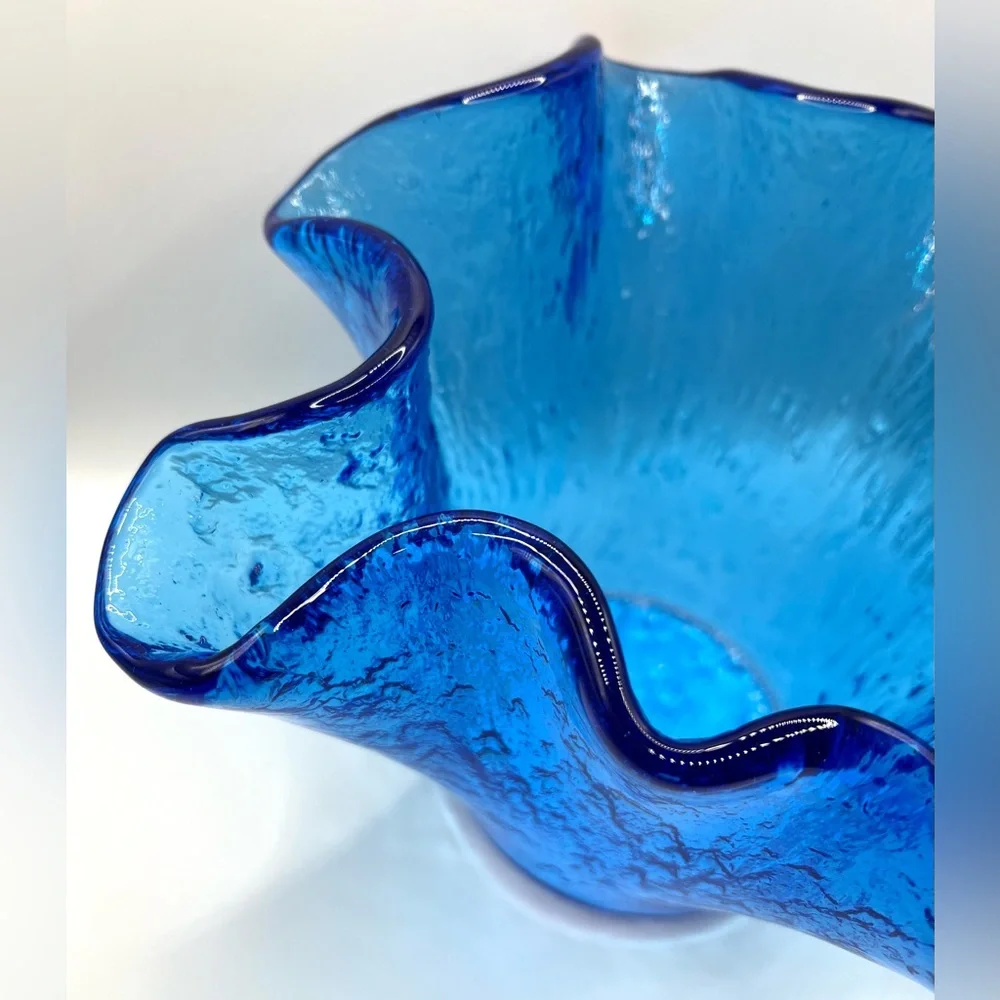 Cobalt Blue Art Glass Handkerchief Handblown Bowl Vase Abstract Fluted Edges 10